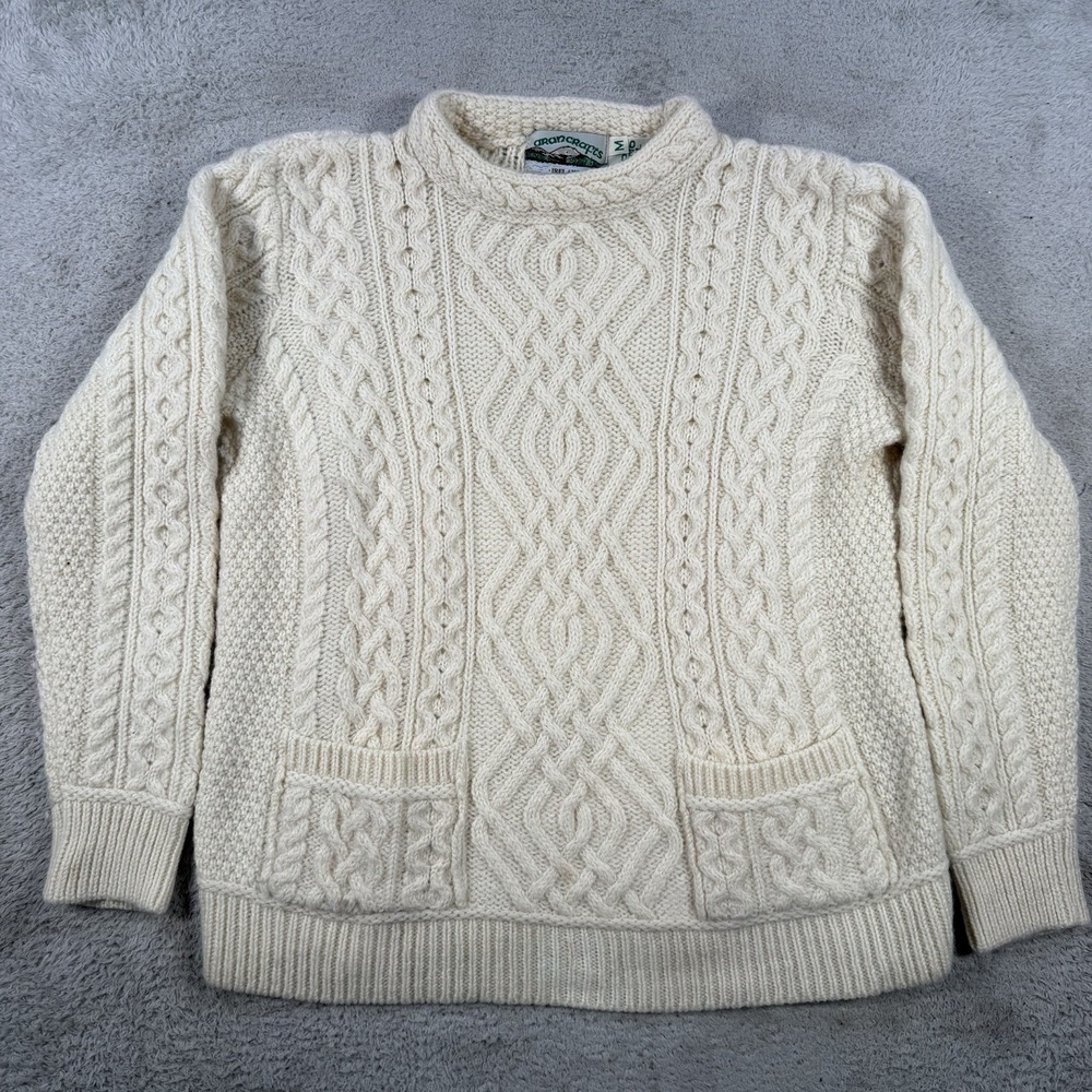 Aran Crafts Sweater Men Medium Ivory 100% Merino Wool Cable Knit Mock Neck Irish
